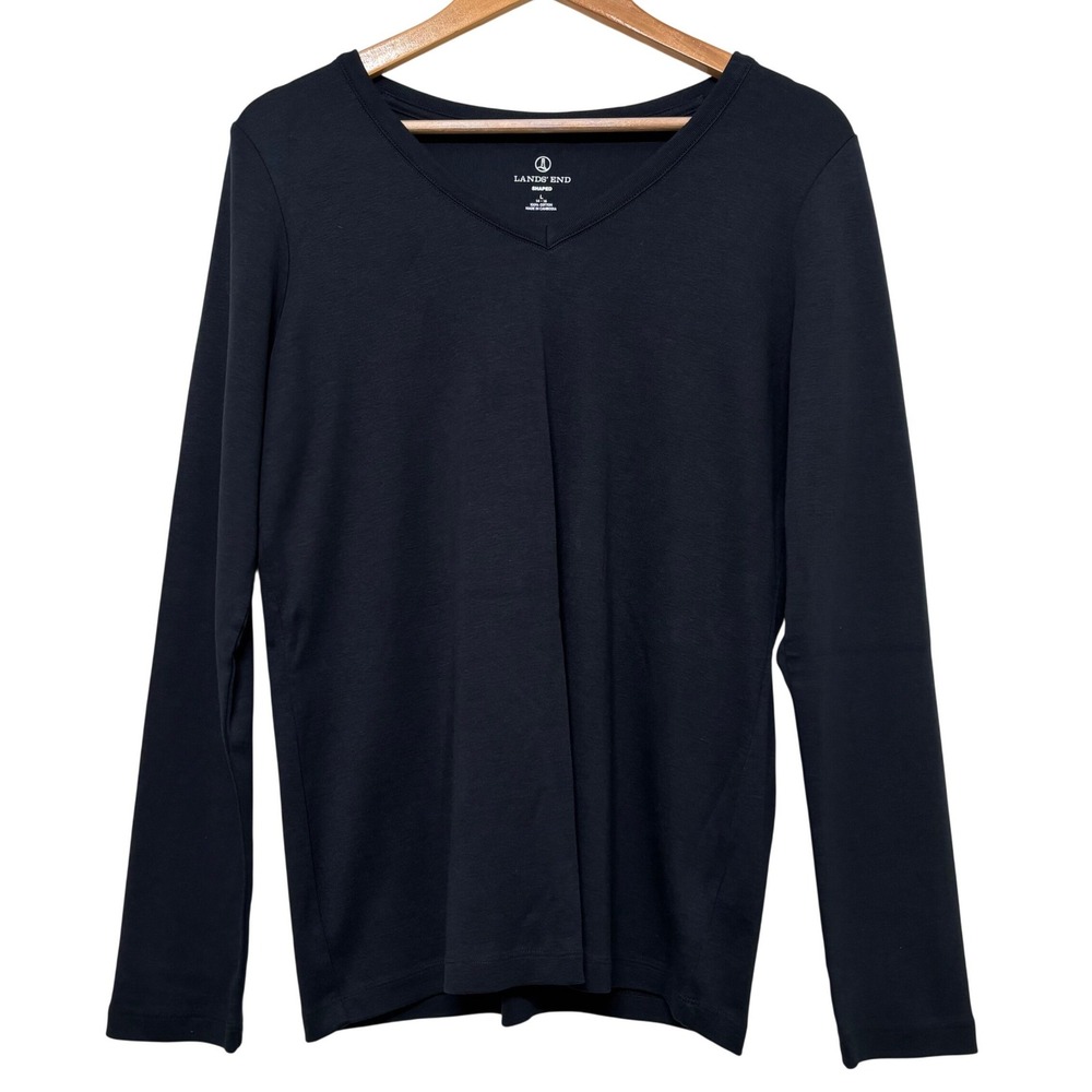 Lands End Womens V-Neck Long Sleeve Top Size L Navy Black Shaped Cotton Classic